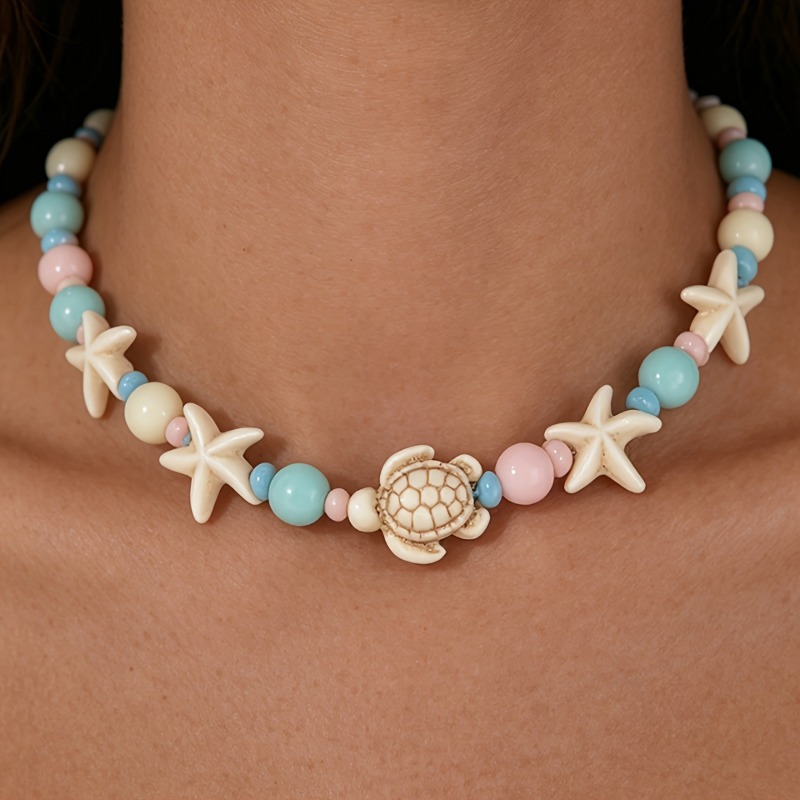 Bohemian Ocean Style Turtle & Starfish Beaded Necklace, Summer Wear